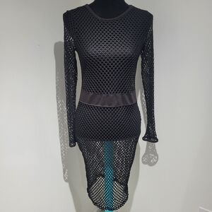 Kardashian Kollection Womens Fishnet Long-Sleeve Sheer Bodycon Dress Large Black